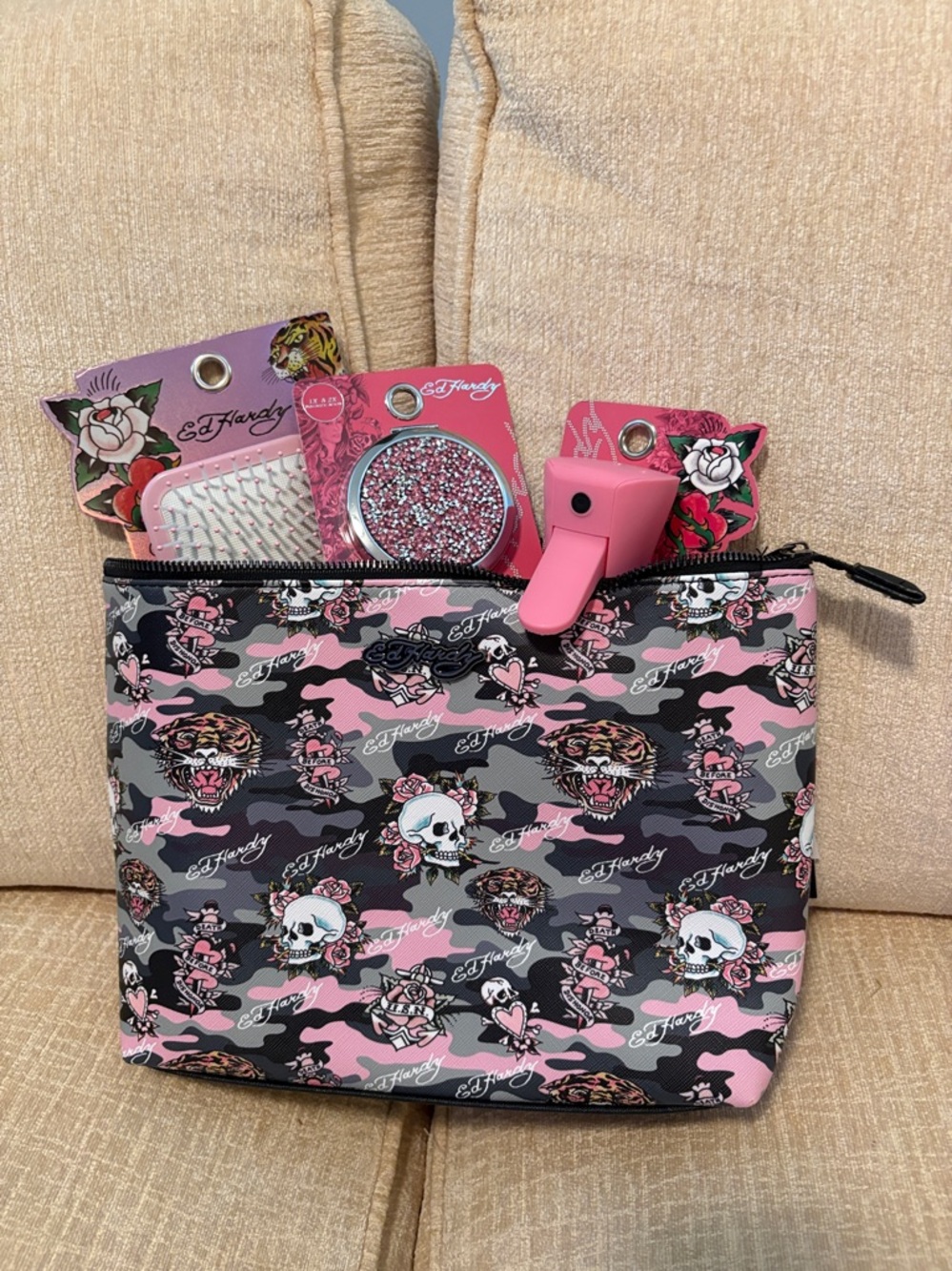 Ed Hardy Pink and Gray Skull Camo Cosmetic Pouch
